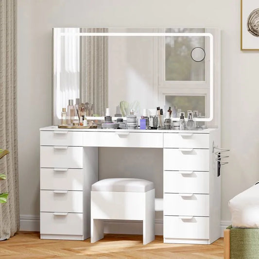 Coiffeuse HomeLova | Grand Miroir LED, Prises Intégrées