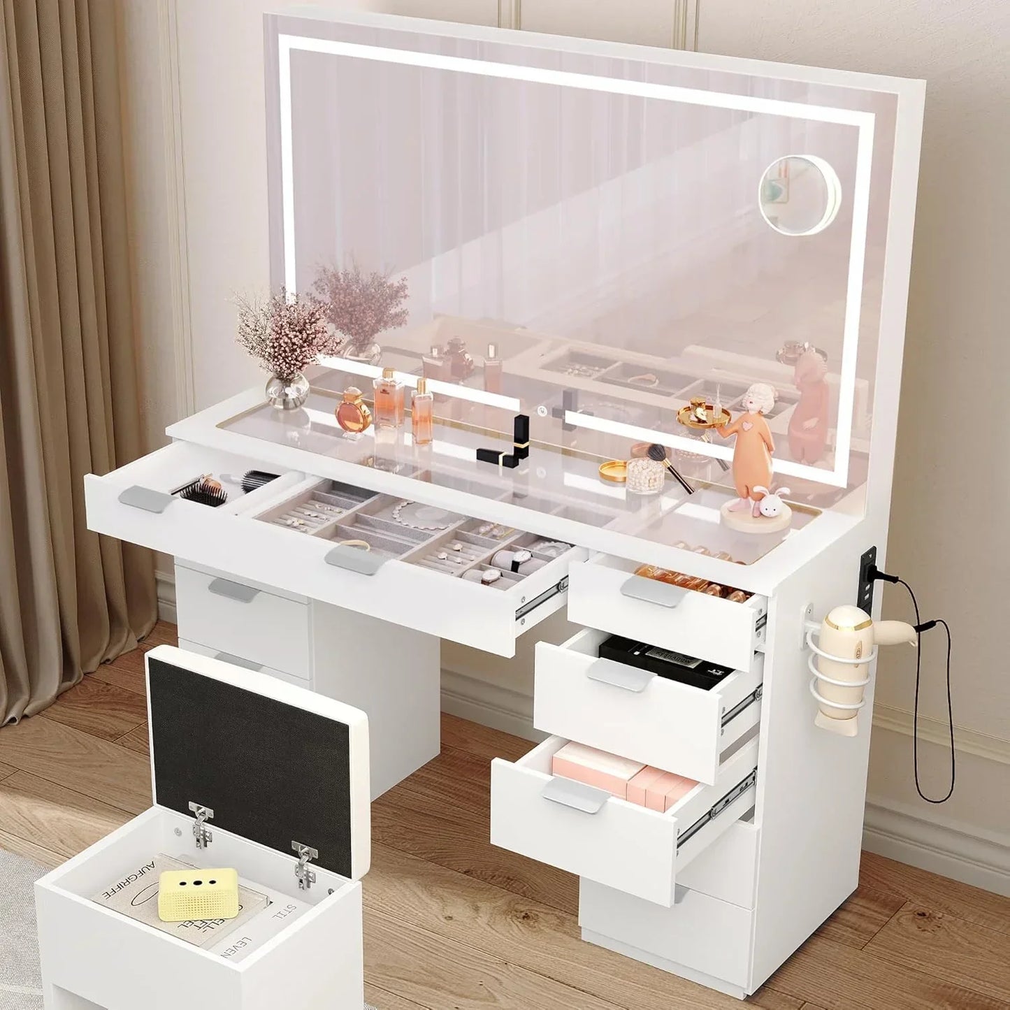 Coiffeuse HomeLova | Grand Miroir LED, Prises Intégrées