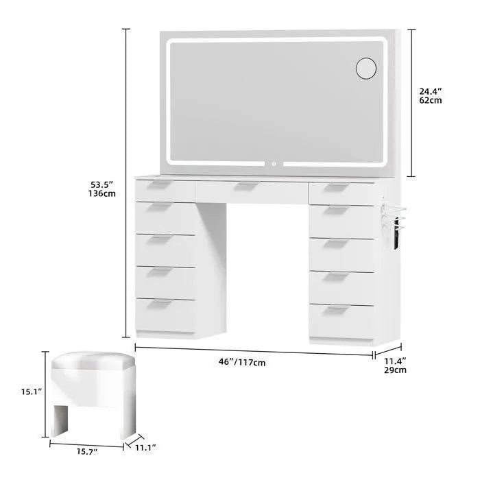 Coiffeuse HomeLova | Grand Miroir LED, Prises Intégrées